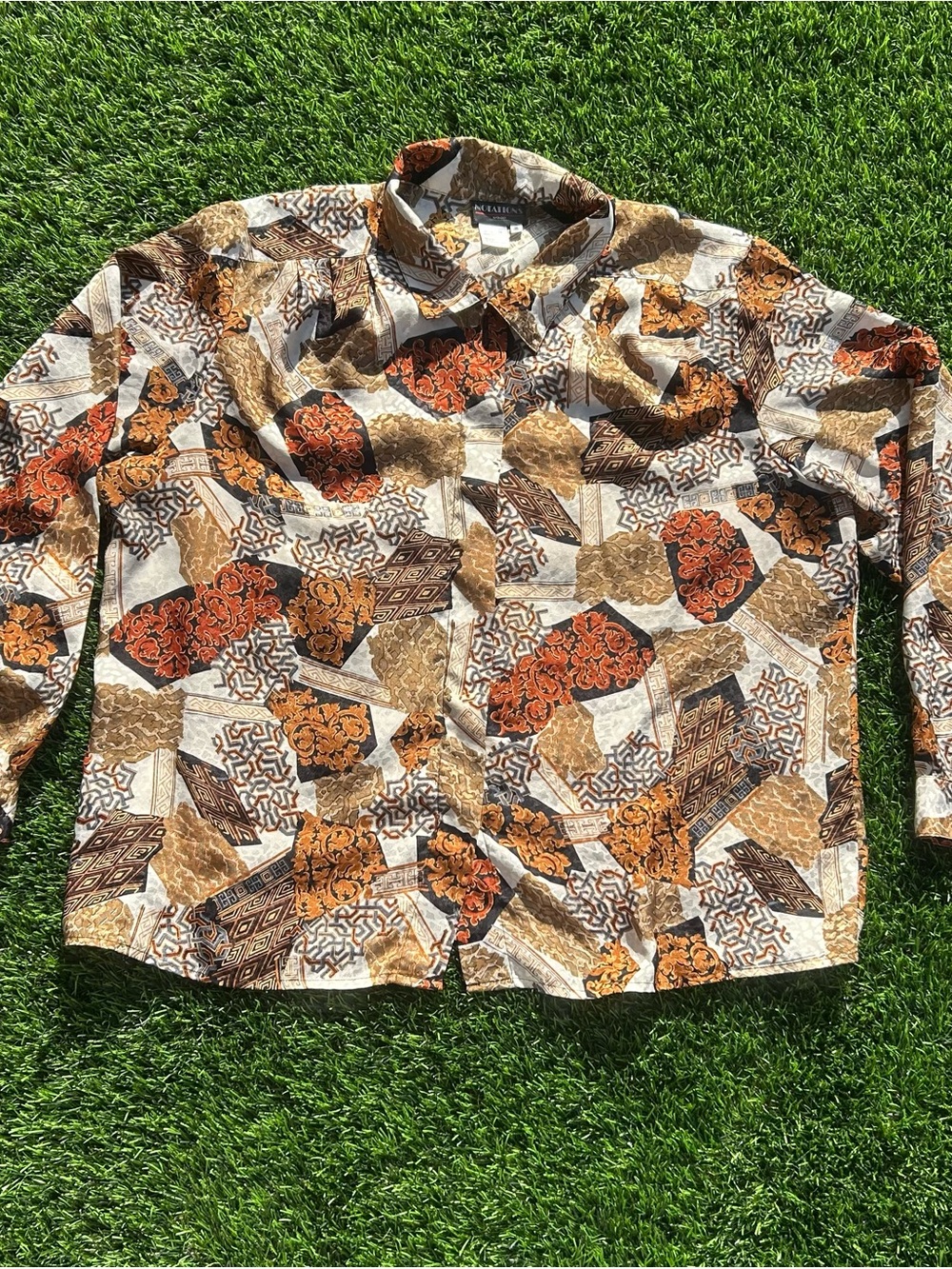 Notations Patchwork Print Button-Front Jacket in Brown & Orange